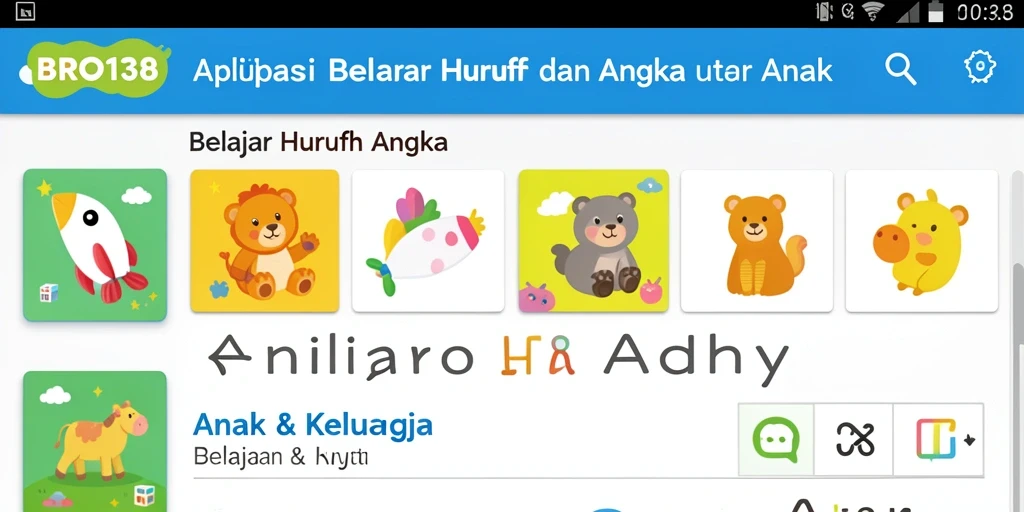 Antarmuka aplikasi BRO138 yang menarik dan interaktif untuk belajar huruf dan angka.