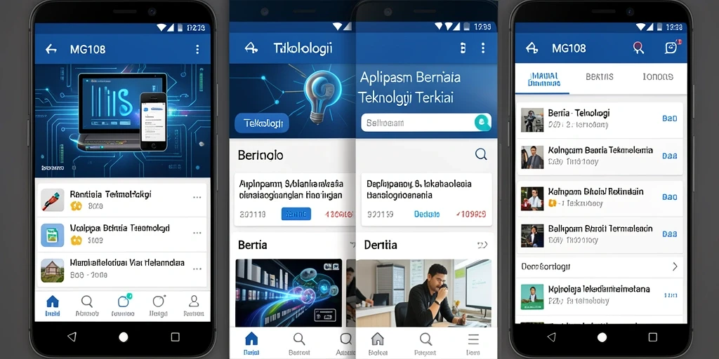 Tampilan antarmuka aplikasi MG108 dengan fitur berita teknologi.